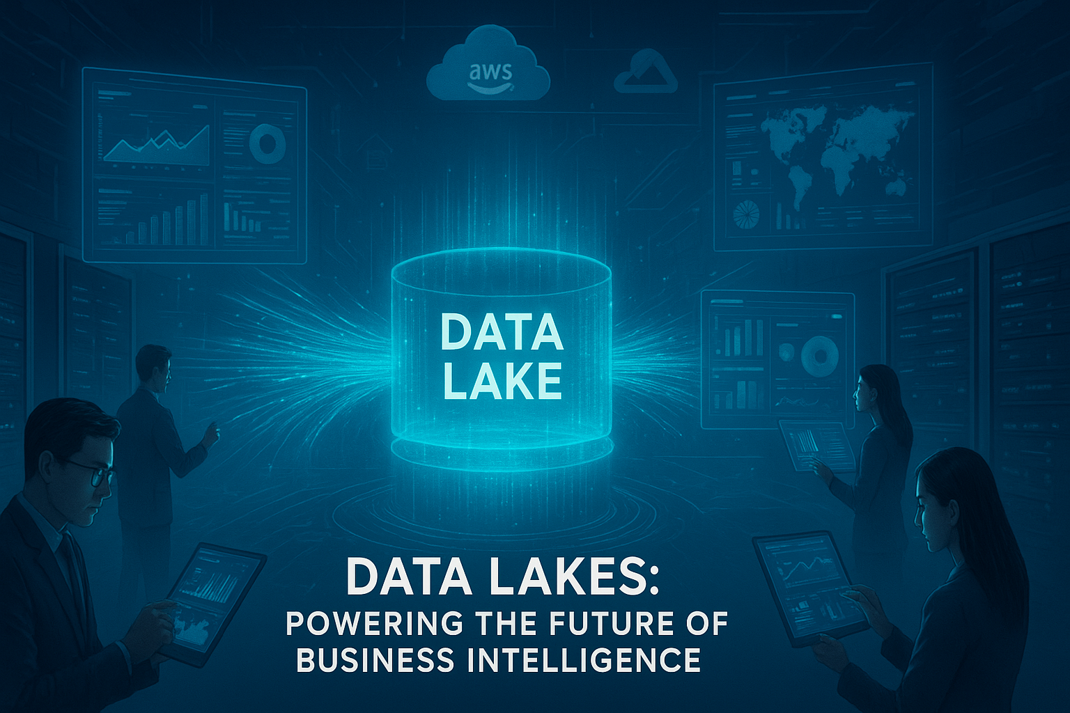 Data lake cylinder glowing with data streams, people interacting with screens.